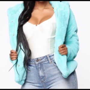 Fashion Nova Faux Fur Jacket, Aqua blue
